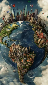 Dense global city skyline wrapped around planet Earth.