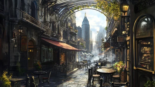 Cafe-lined cobblestone alley opens toward modern city skyline