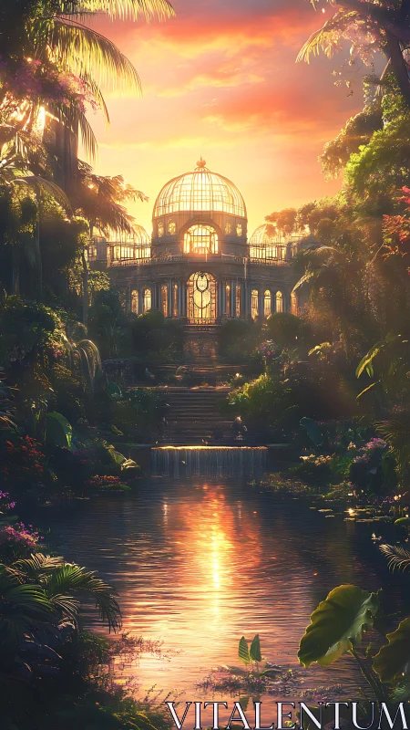 Sunlit glasshouse cathedral cradled in a dreaming jungle.