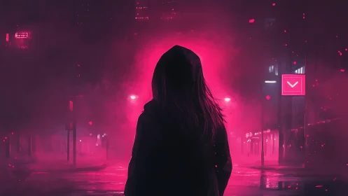 Hooded figure stands in neon pink fog on empty city street