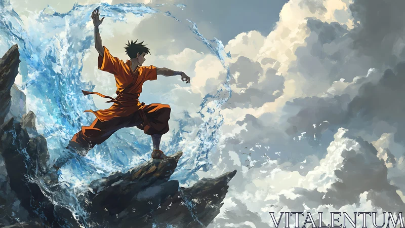 Figure in orange robes directs circular water wave on cliff