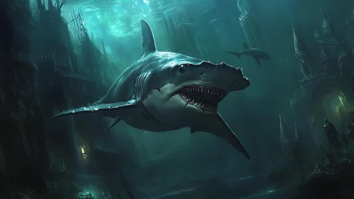 Large shark swims through sunken architectural environment
