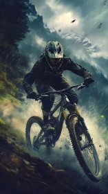 Mountain biker descends a wet, steep trail in rain