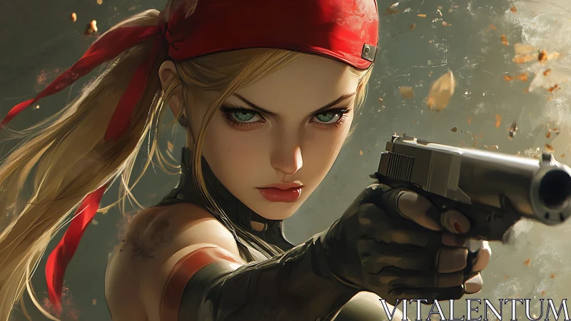Female gunfighter portrait with dynamic combat lighting.