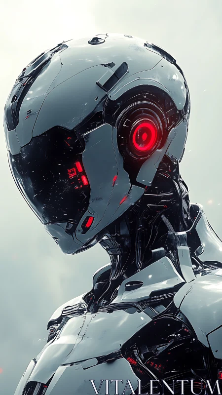 White combat android with red sensor eye scans distant horizon