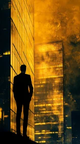Silhouetted figure overlooking burning skyscraper at dusk