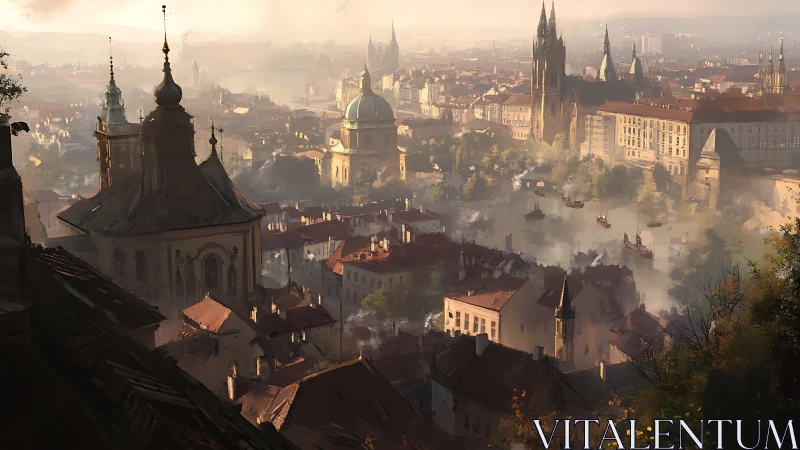 Elevated cityscape depicts dense riverside architecture at dawn