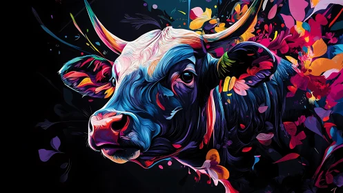 Chromatic vector bovine portrait with dynamic floral turbulence.