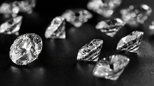 Sparkling loose diamonds rest on a sleek black surface