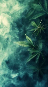 Gentle green leaves drifting through soft swirling mist.