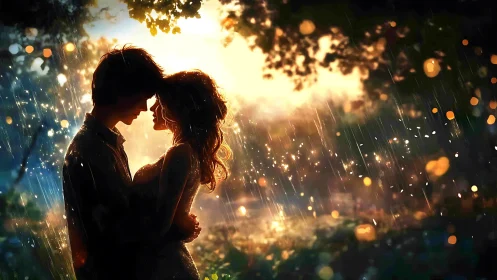 Couple silhouetted against golden rain and light