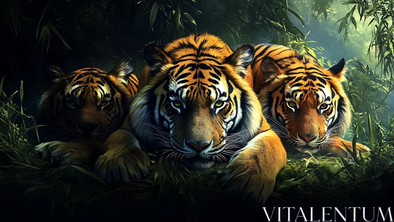 Three Bengal tigers resting in dense jungle vegetation with diffused forest light.
