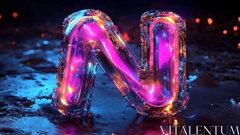 Neon glass letter N glows on a wet cyberpunk street