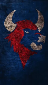 Grunge-textured red buffalo emblem with distressed metallic horns