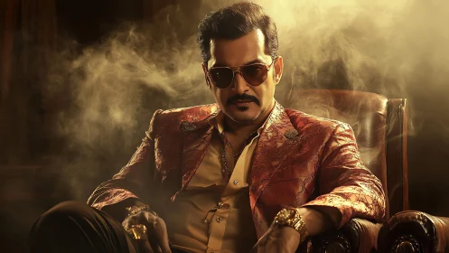 Commanding man in gold-lit smoke exudes cinematic power