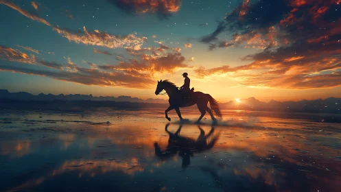 Equestrian silhouette traversing reflective tidal flats at sunset.