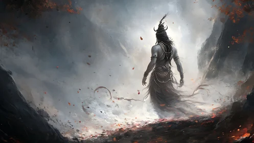 Mythic ascendant figure amid turbulent atmospheric vortex field.