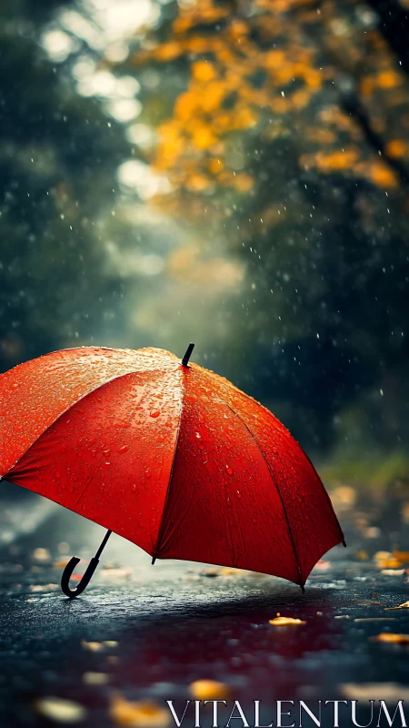Red umbrella glows softly against a rainy autumn street