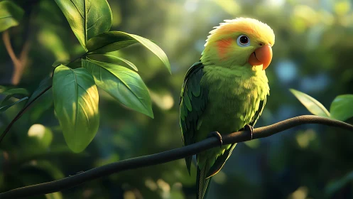 Vibrant parrot perched on branch in sunlit forest, digital art.
