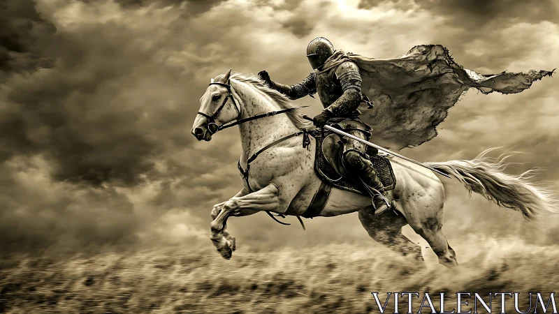 Storm-torn knight thunders forward through sepia battlewinds