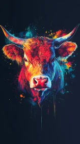 Chromatic bull portrait with neon splatter brushwork.