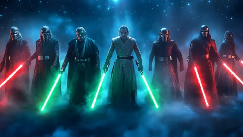 Dark warriors ignite glowing sabers in a foggy starfield