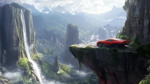 Red supercar poised on cliff ledge above misty waterfall valley.