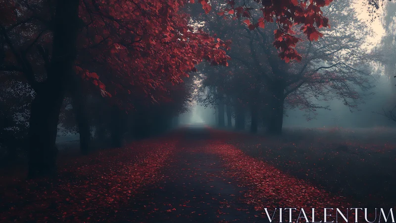 Foggy tree-lined avenue with dense crimson autumn canopy