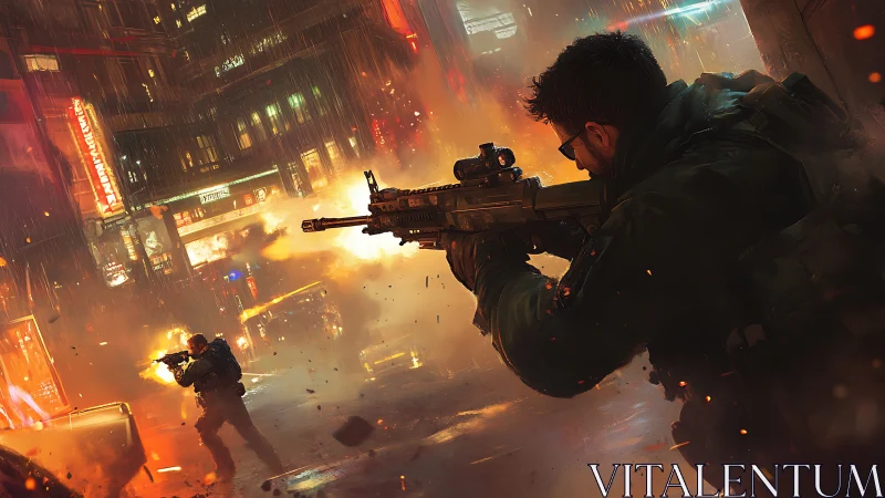 Urban firefight under neon rain in explosive crossfire.