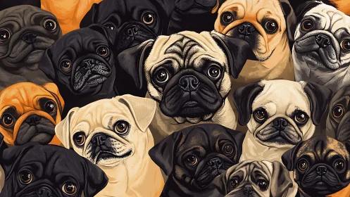 Dense digital illustration of multi-colored pug dog faces.