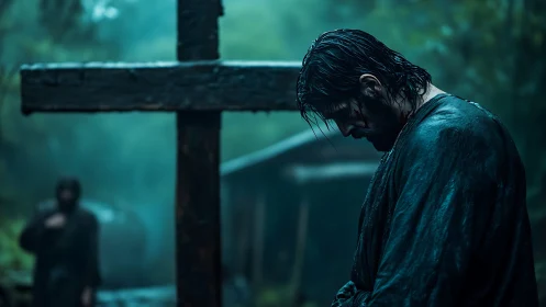 Rain-soaked man bows by a wooden cross in misty forest