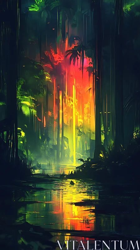 Luminous jungle swamp reflects vertical neon light pillars
