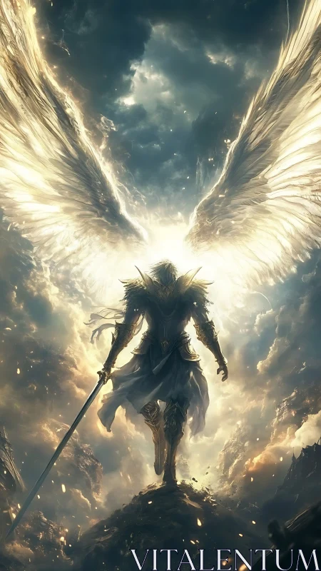 Radiant armored angelic warrior ascending through storm clouds.