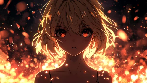 Incandescent anime portrait amid dynamically erupting embers.