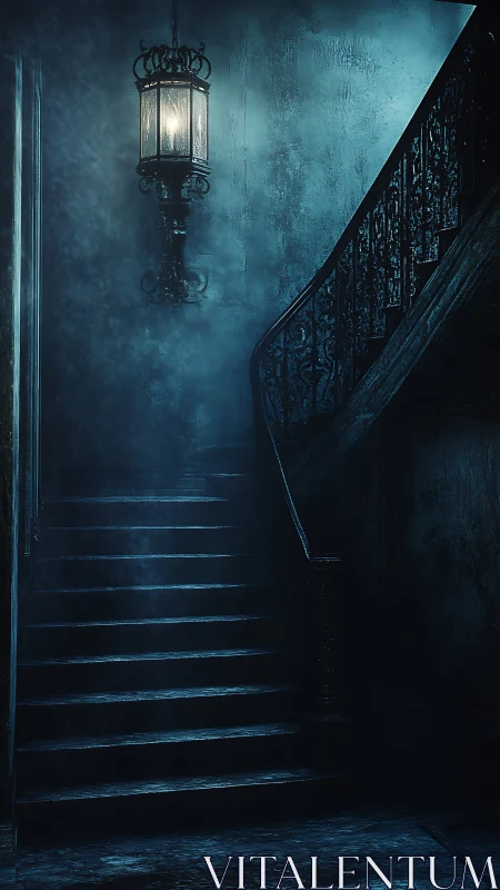 Foggy midnight staircase soaked in quiet blue mystery.