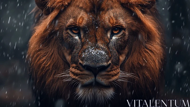 Majestic lion portrait under snowfall with cinematic lighting.