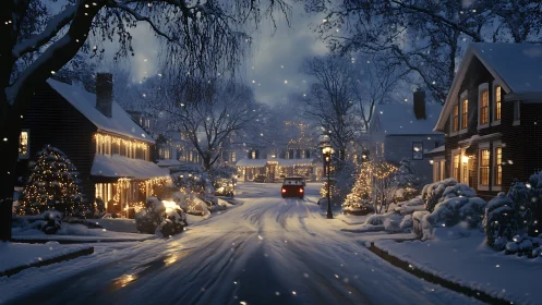 Twilight winter suburb street with car and festive house lighting