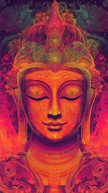 Neon mandala Buddha portrait radiates intricate sacred calm.