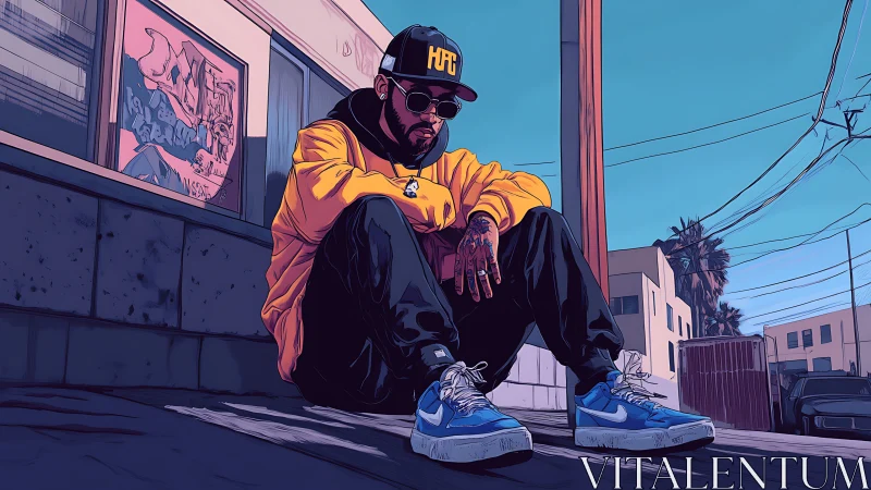 Urban street portrait of seated man in yellow hoodie, daytime.