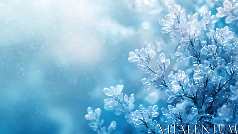 Macro study of ice coated foliage in soft cyan bokeh field