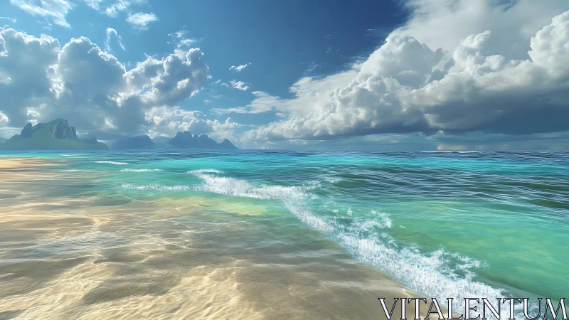 Sunlit tropical shoreline under towering cumulus clouds.