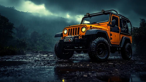 Orange off-road jeep stands in stormy rainforest clearing