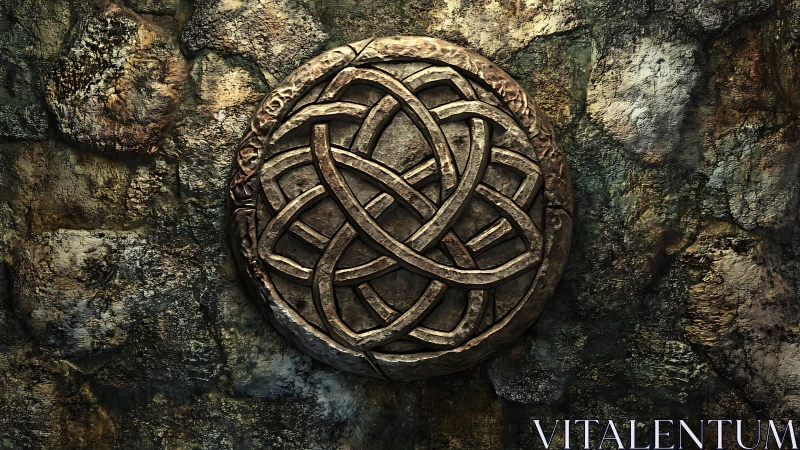 Weathered stone medallion shows interlaced knotwork relief carving