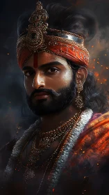 Ember-crowned warrior king in jeweled garlands and shadows.