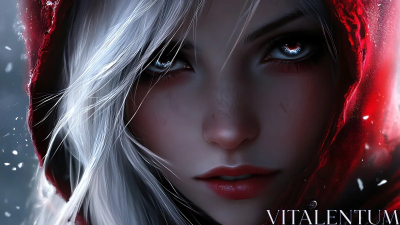 Silver-haired huntress in ember-lit hooded snowfall gaze.