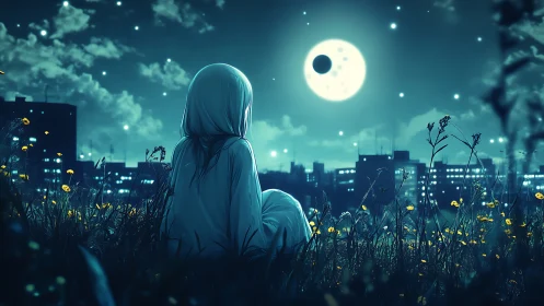 Moonlit wanderer waits while eclipsed stars hush the city glow