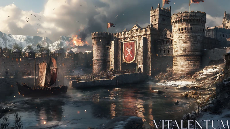 Storm-touched medieval fortress welcomes a wary warship home