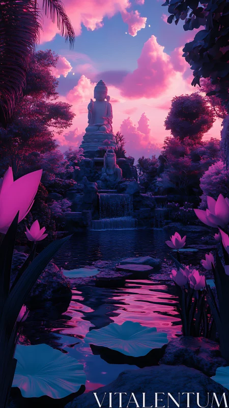 Serene Buddha statue over neon lotus pond at sunset.