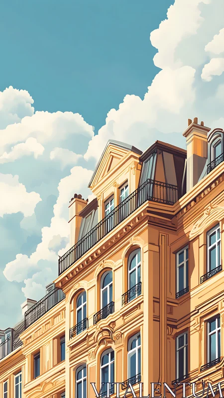 Sunlit Parisian facades bask beneath billowing summer clouds.