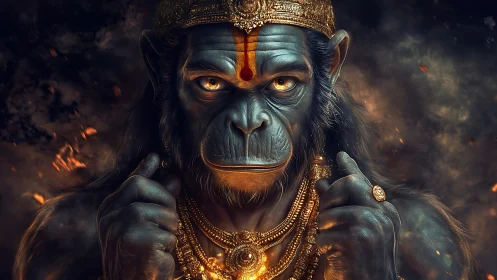 Mythical humanoid ape portrait with ornate golden jewelry